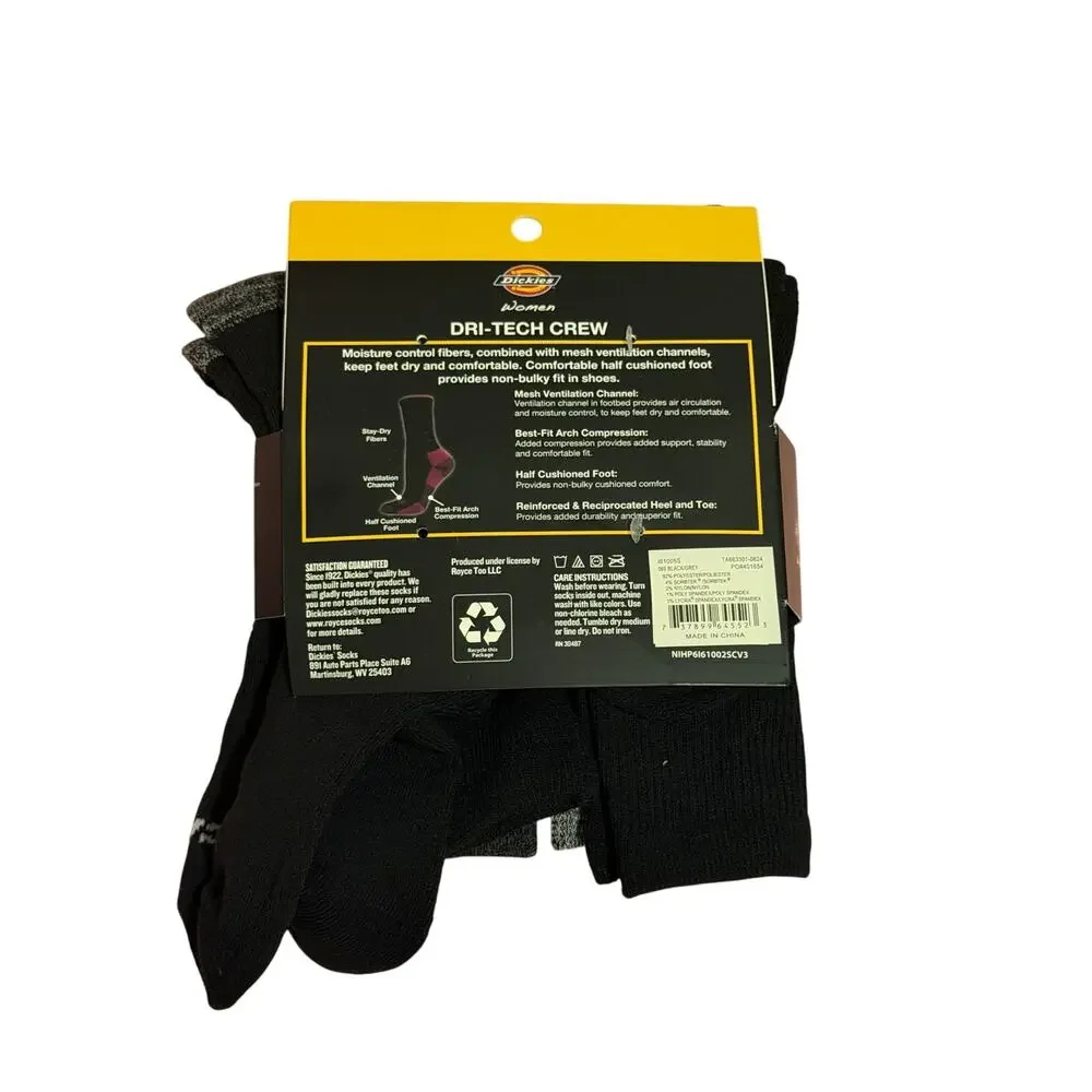 Dickies Women's 4-6 Black Gray Dri Tech Crew All Day Comfort Socks